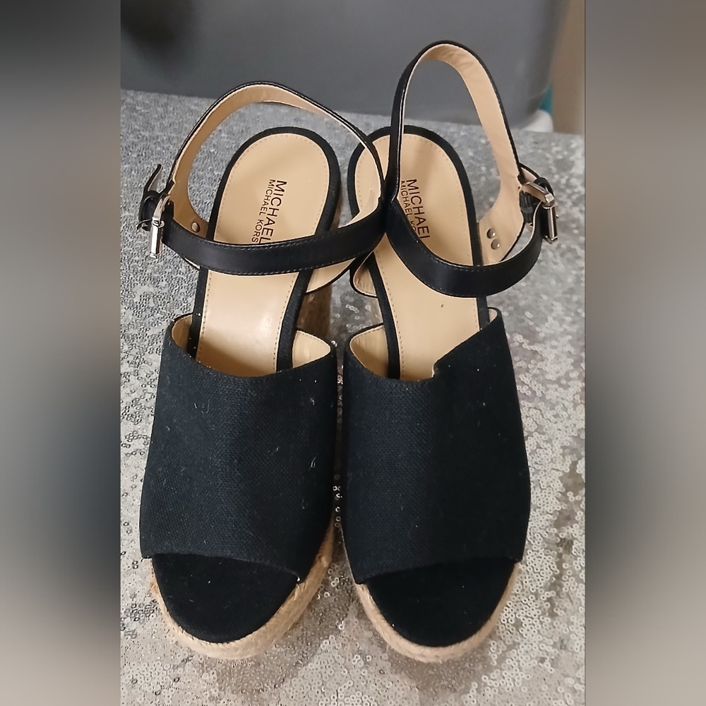 MICHAEL Michael Kors Black Suede Espadrille Wedge Sandals - Picture 14 of 16